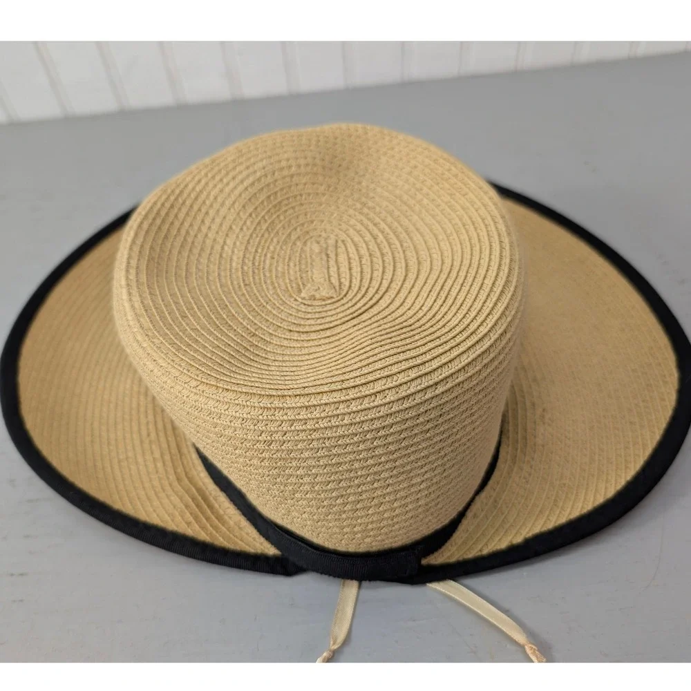 C.C Exclusives Women Tan Straw Sun Hat‎ Wide Brim Black Ribbon Trim Vacay Size L - Picture 3 of 4